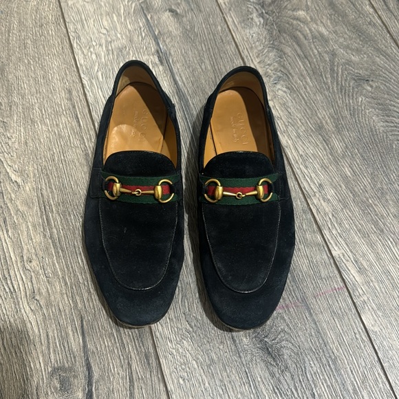 • GUCCI • Men’s Horsebit Web Suede Loafers Navy Blue / Gold Hardware 6.5 - Picture 2 of 6